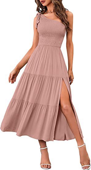 New Summer Fashion Women's One-shoulder Pleated Layered Hem Split Dress Lotus root color