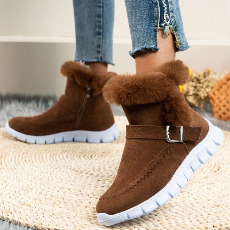 New Snow Boots Winter Warm Thickened Solid Color Plush Ankle Boots With Buckle Design Plus Velvet Flat Shoes For Women Dark Brown