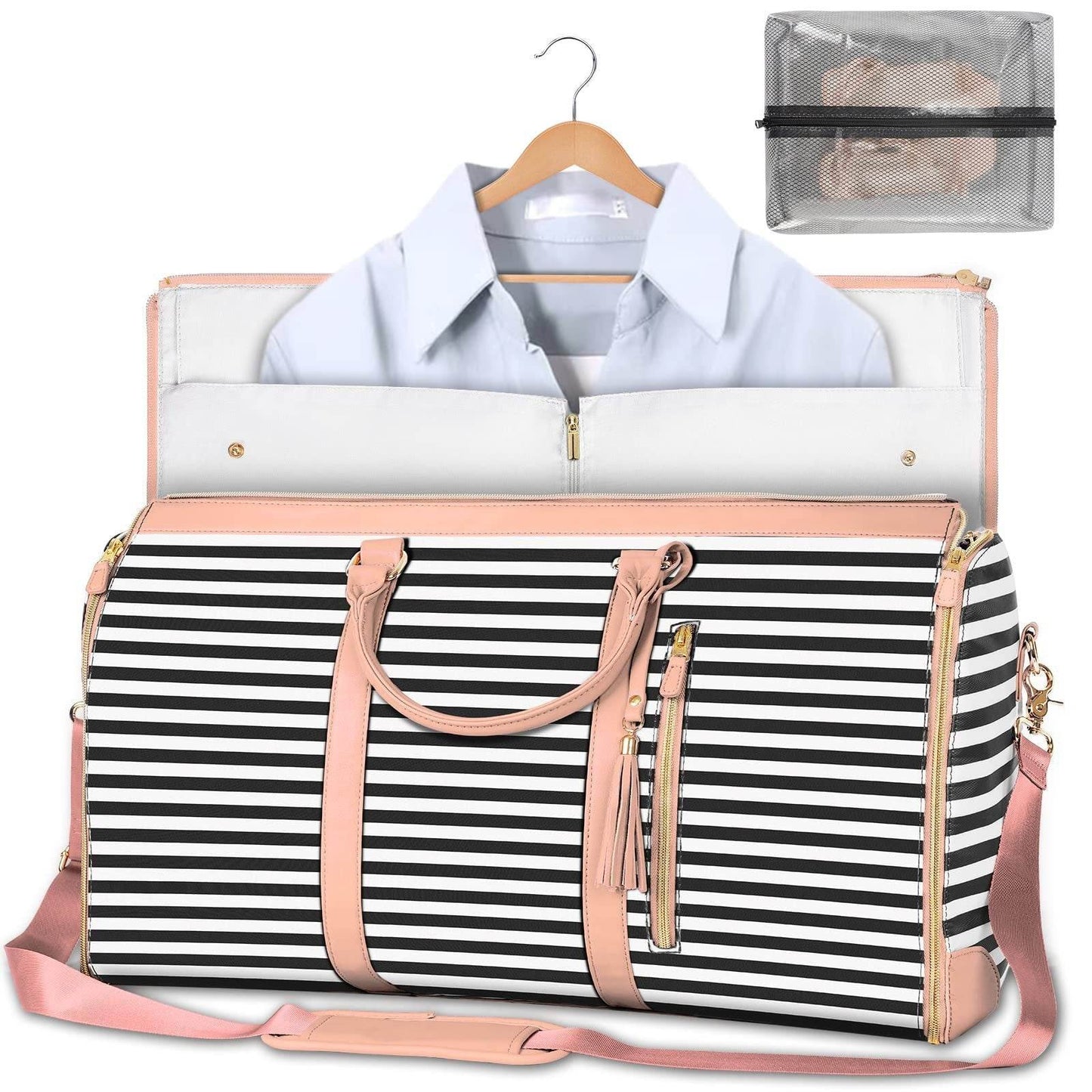 Large Capacity Travel Duffle Bag Women's Handbag Folding Suit Bag Waterproof Clothes Totes Model B In Black Stripes