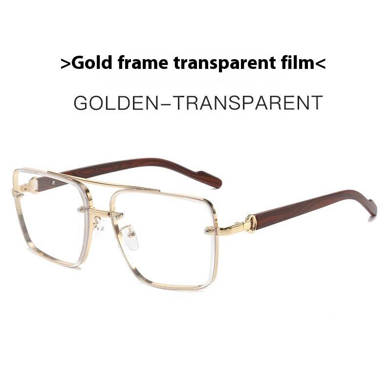 Metal Double Beam Frame Wood Grain Leg Sunglasses Gold Frame Transparent Sheet