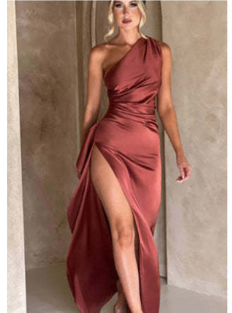 Sexy One-shoulder Backless Slit Dress Summer Elegant Slim-fit Solid Color Satin Dresses For Women Light Brown