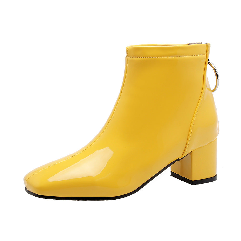 Mid heel lacquered square toe boots Yellow