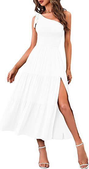 New Summer Fashion Women's One-shoulder Pleated Layered Hem Split Dress White