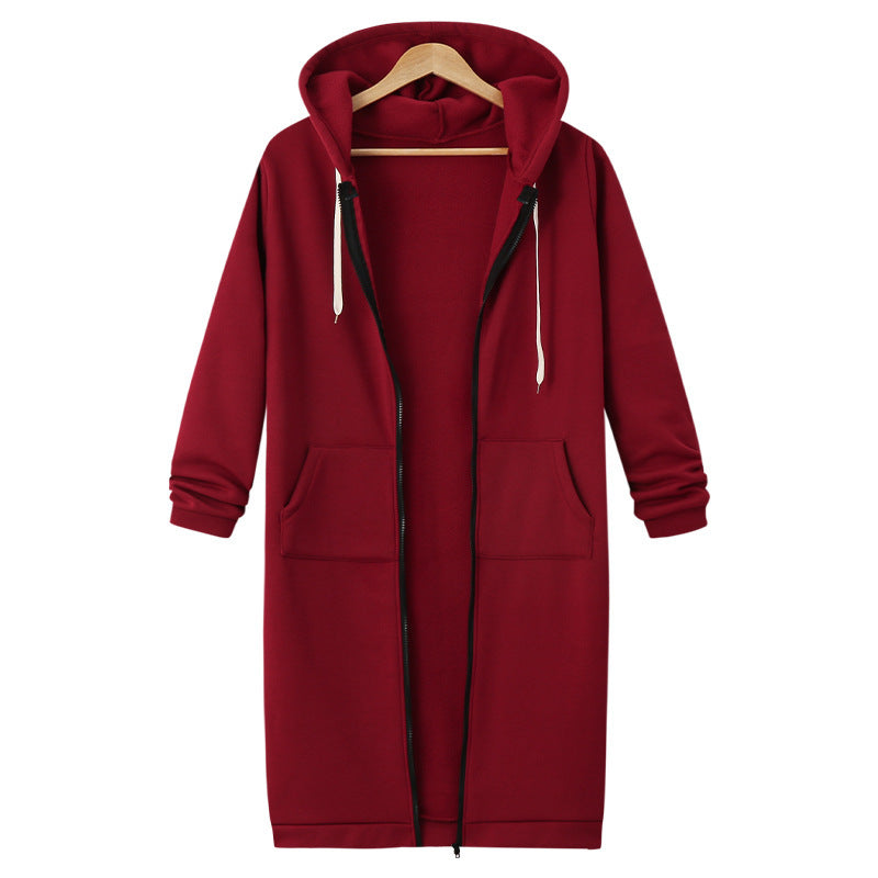 Hooded Long Sleeve Sweater Fleece Long Jacket Wine Red