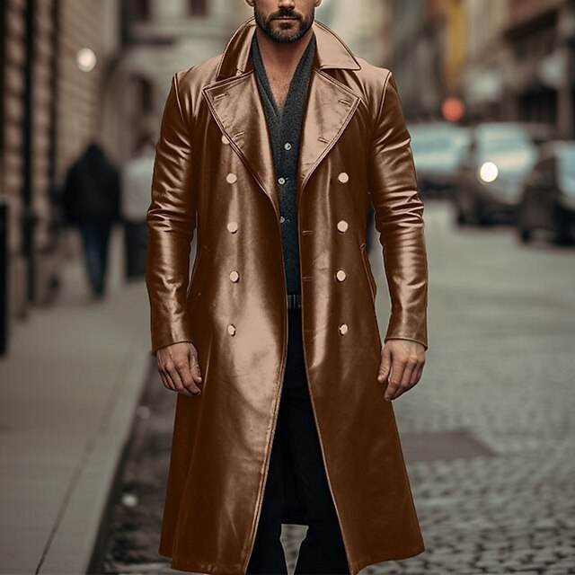 Long Trench Coat Male Double-breasted Leather Jacket Brown