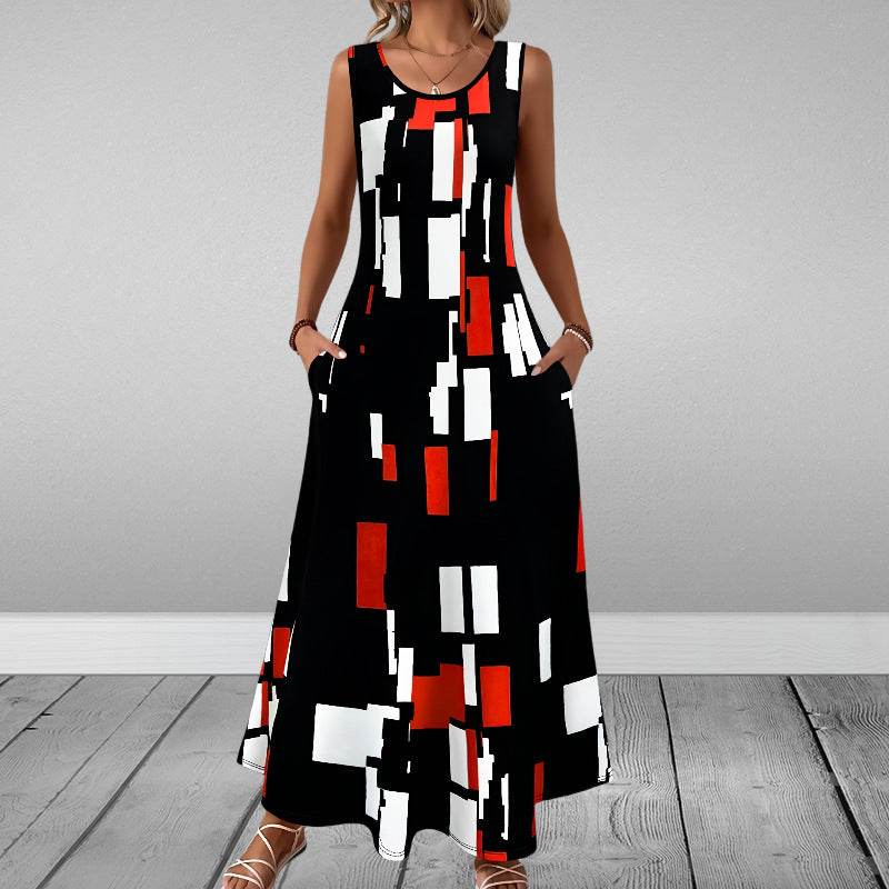 Sleeveless Slim Fit Elegant Printed Pocket Dress