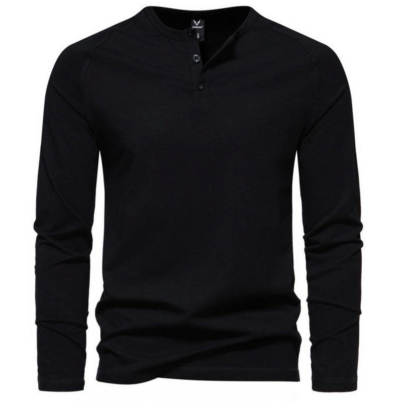 Men's Henry Collar Long-sleeved Casual Solid Color T-shirt Bottoming Shirt Black