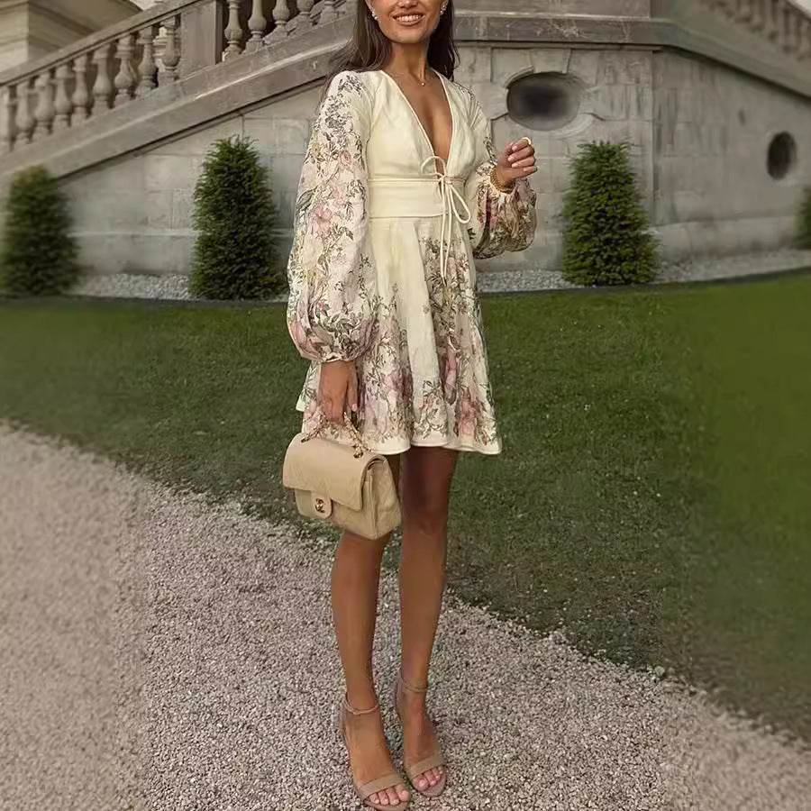 Printing Stylish Lace-up Dress