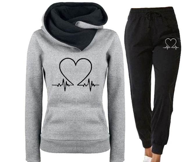Love Heart Printed Sports Suit Hooded Sweatshirt Top And Drawstring Pants Fashion Casual Clothing For Women Grey