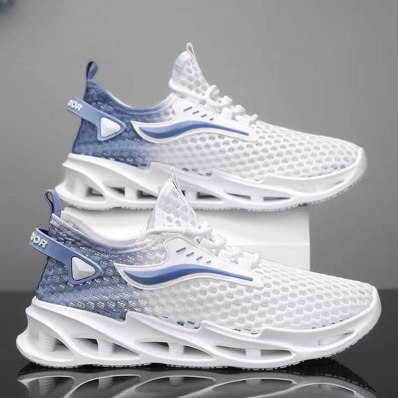 Men's Lace-up Sneakers Mesh Sports Shoes Fashion Hollow-sole Low Top Running Shoes White Blue
