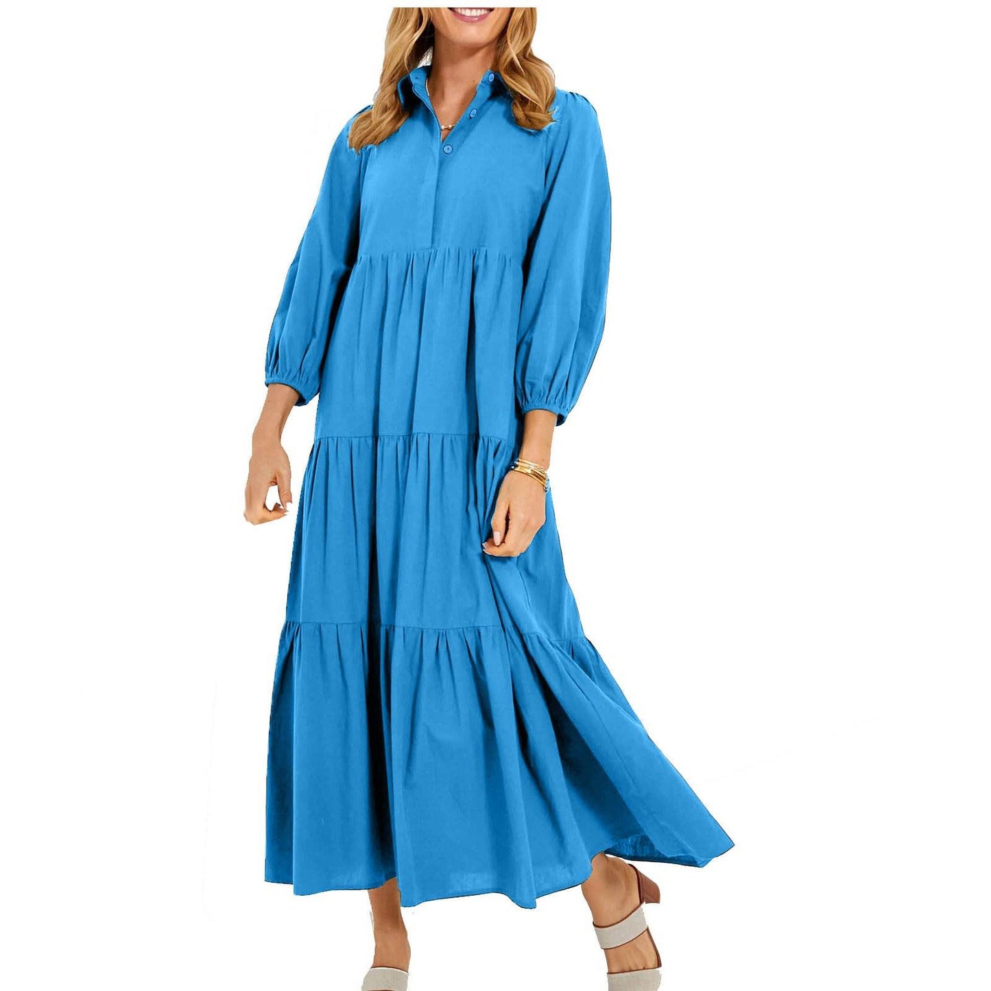 New Button Lapel Fashion Pullover High Waist Casual Dress Ladies Blue