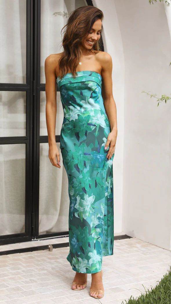 Summer Tube Top Long Dress With Backless Design INS Fashion Flowers Print Party Evening Dresses For Women Green Printing