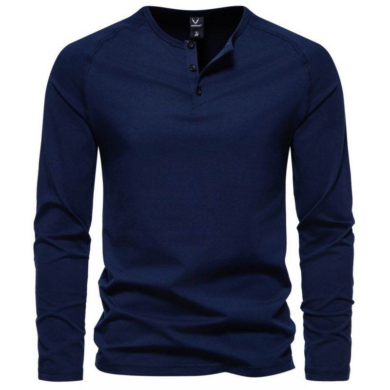 Men's Henry Collar Long-sleeved Casual Solid Color T-shirt Bottoming Shirt Dark Blue