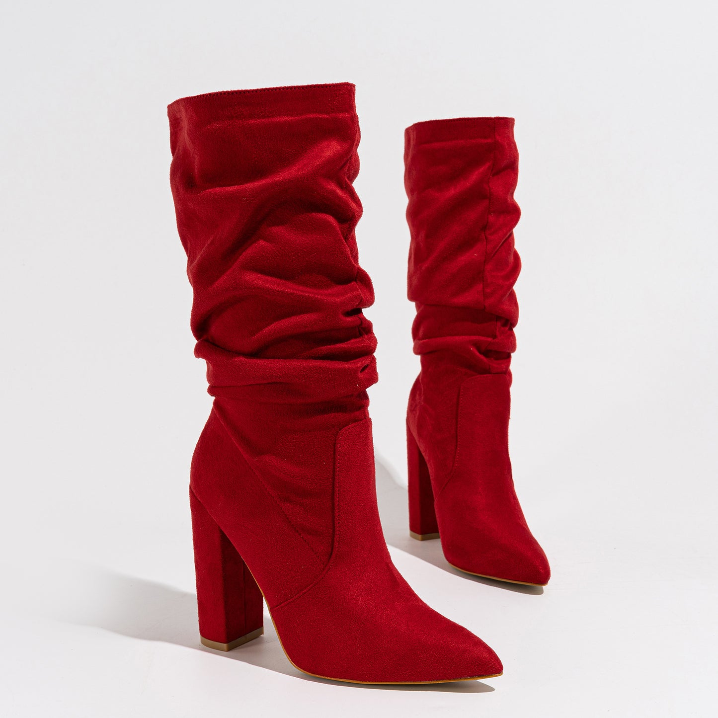 New Chunky Heel Pointed-toe Fashion High Heel Pile Style Boots Red