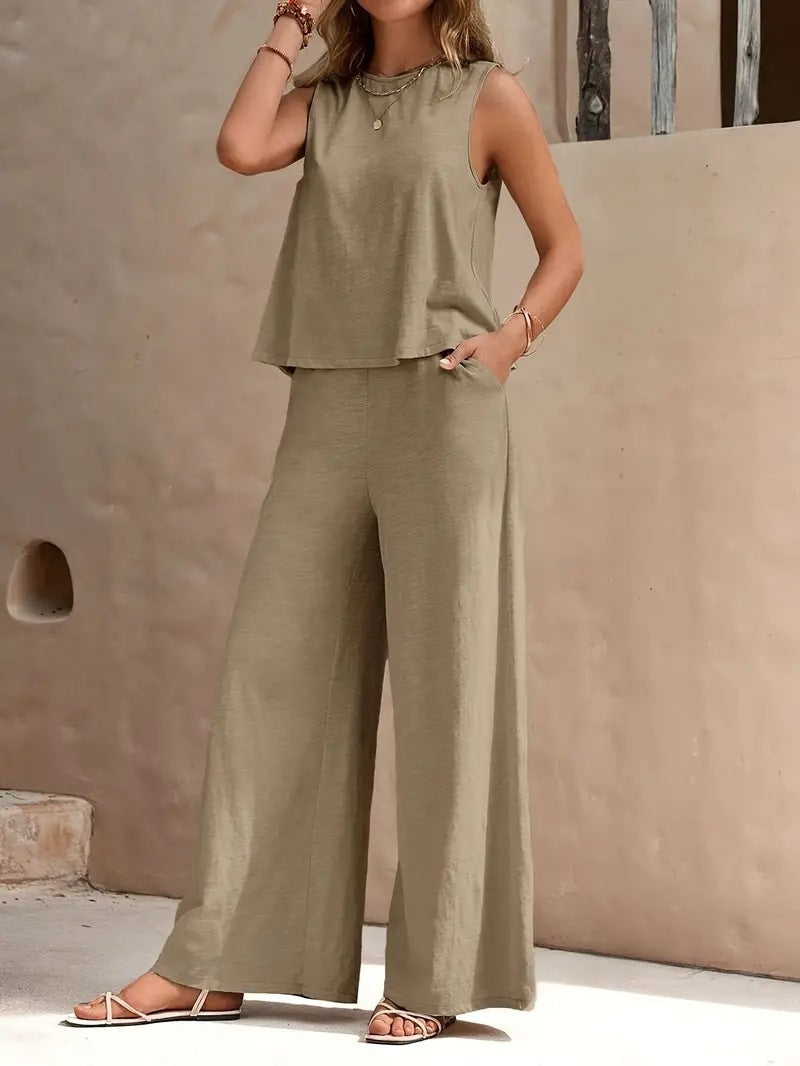 Solid Color Casual Loose Pants Sets For Women Elegant Spring Summer Women's Two Pieces Suit Full Trouser Set Female Outfit Clothes Khaki