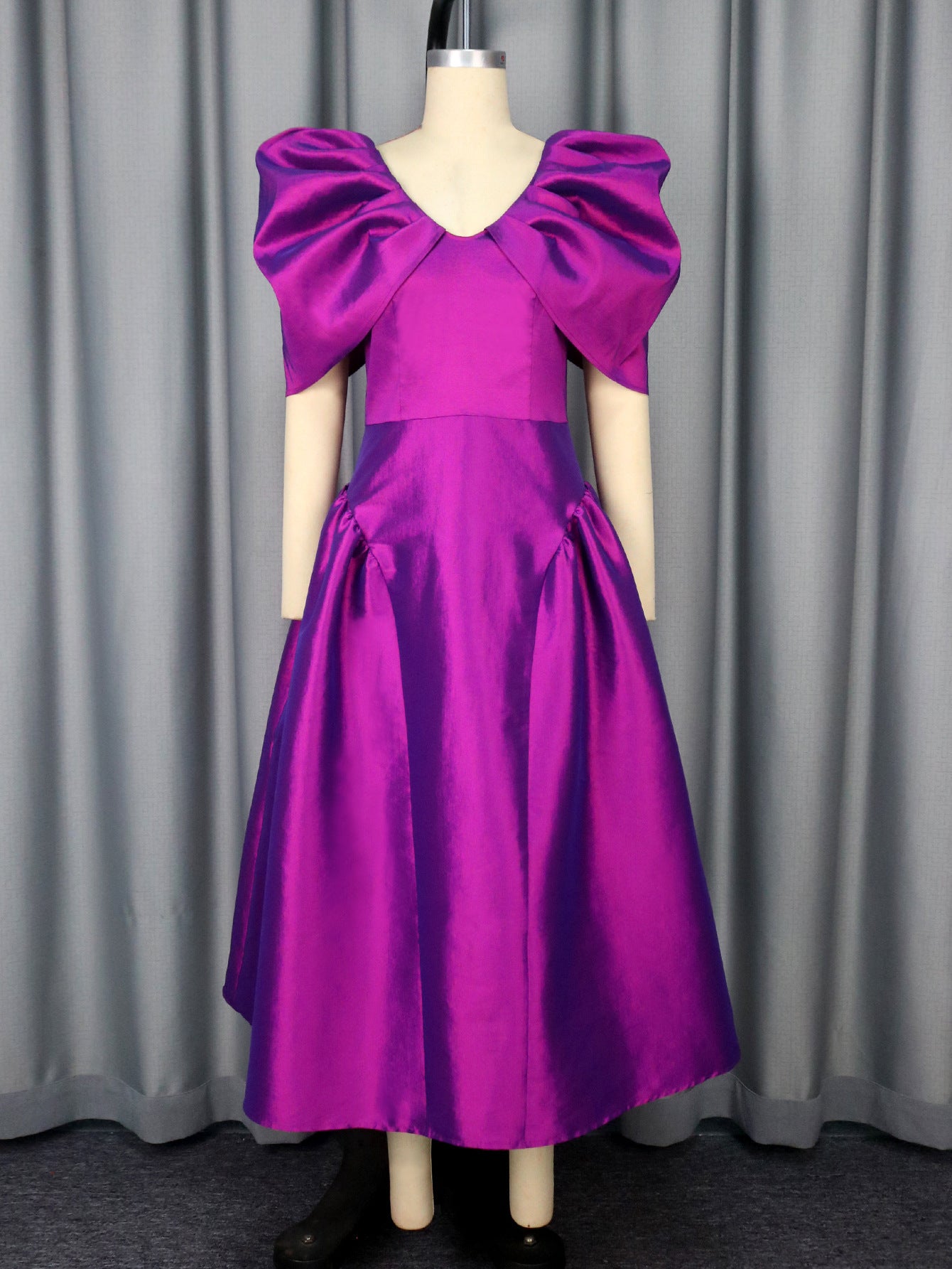 Puff Sleeve Evening Dress A Hem Pleated Banquet Dress Purple