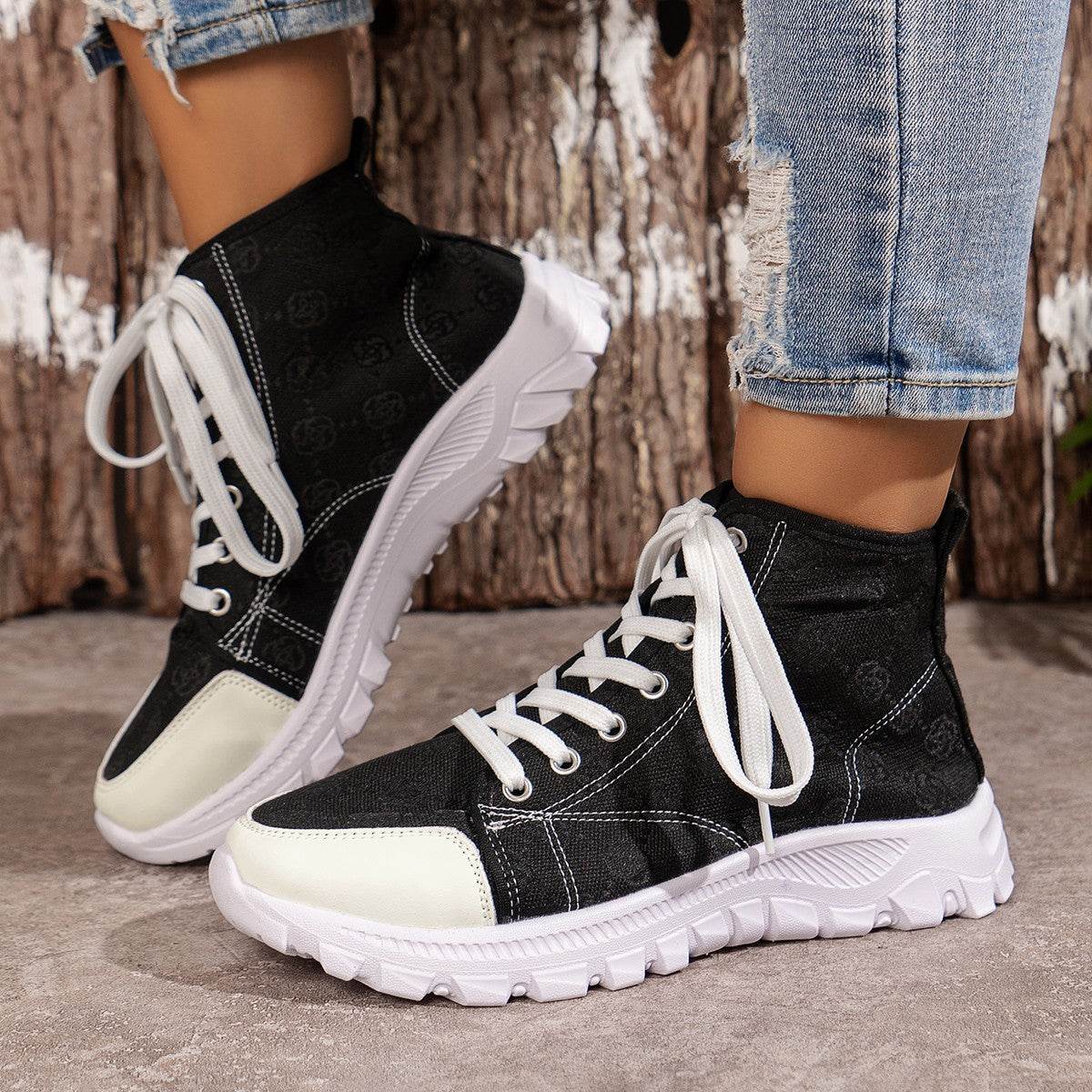 Rose-printed Lace-up Boots Fashion Breathable Canvas Shoes Sports Casual Non-slip Thick-soled Short Boot For Women Black