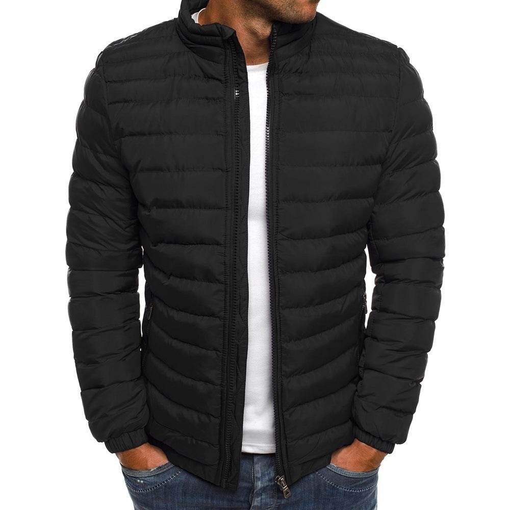 Men Jacket Zipper Solid Color Long Sleeves Pockets Coldproof Autumn Thicken Cotton Padded Overcoat For Outdoor Black