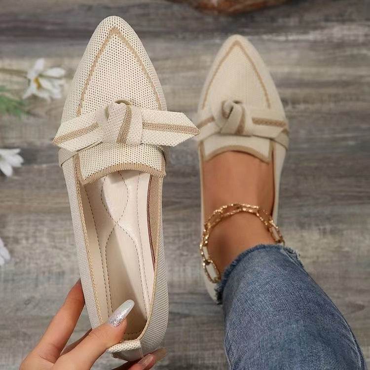 Fashion Pointed Toe Bow Flat Shoes For Women Lying Woven Slip-on Breathable Shoes Summer Milky White