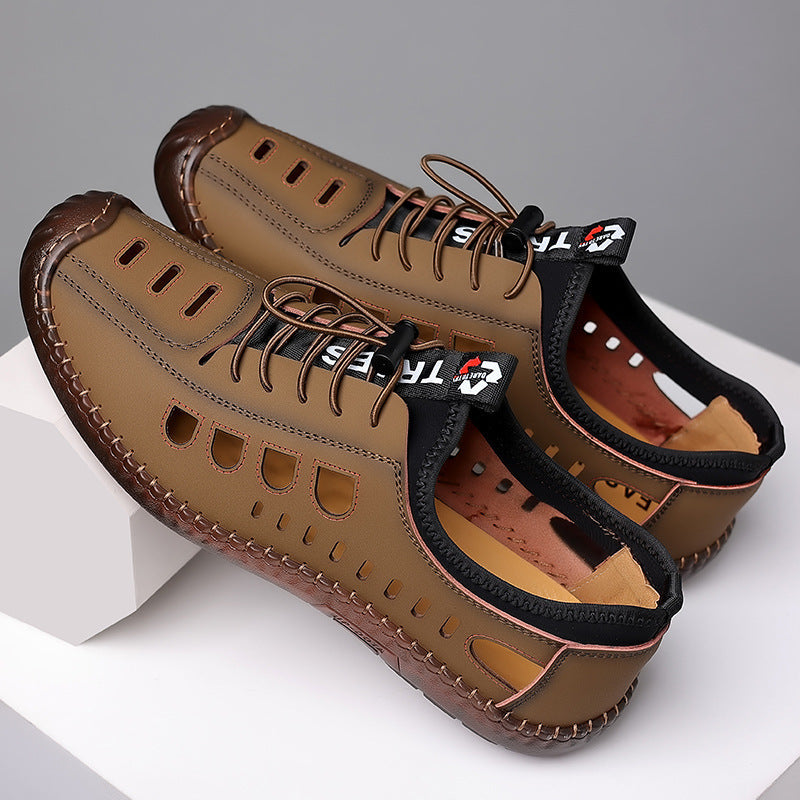 Men's Sandals Hollow Leather Soft Bottom Hole Shoes Khaki Jelly Bottom