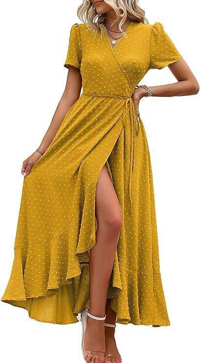 Short Sleeve Pleated Slit Hemline At Hem Beach Dress Yellow