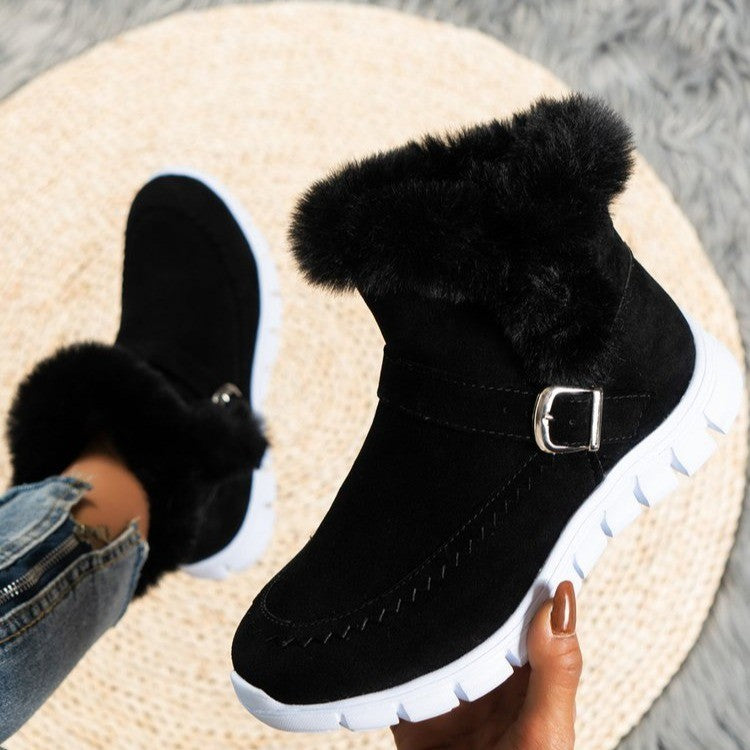 New Snow Boots Winter Warm Thickened Solid Color Plush Ankle Boots With Buckle Design Plus Velvet Flat Shoes For Women Black