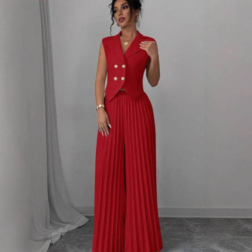 Summer Sleeveless Suit Fashion Lapel Button Vest Top And Pleated Straight Pants Women's Trousers Set Clothing