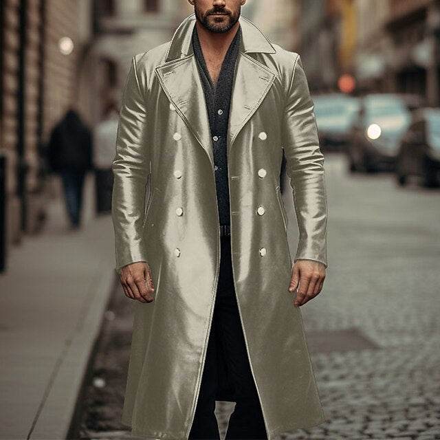 Long Trench Coat Male Double-breasted Leather Jacket Gold
