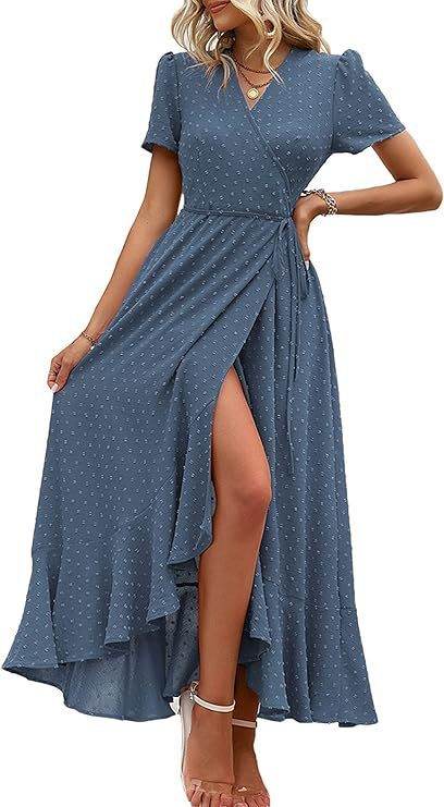 Short Sleeve Pleated Slit Hemline At Hem Beach Dress Blue