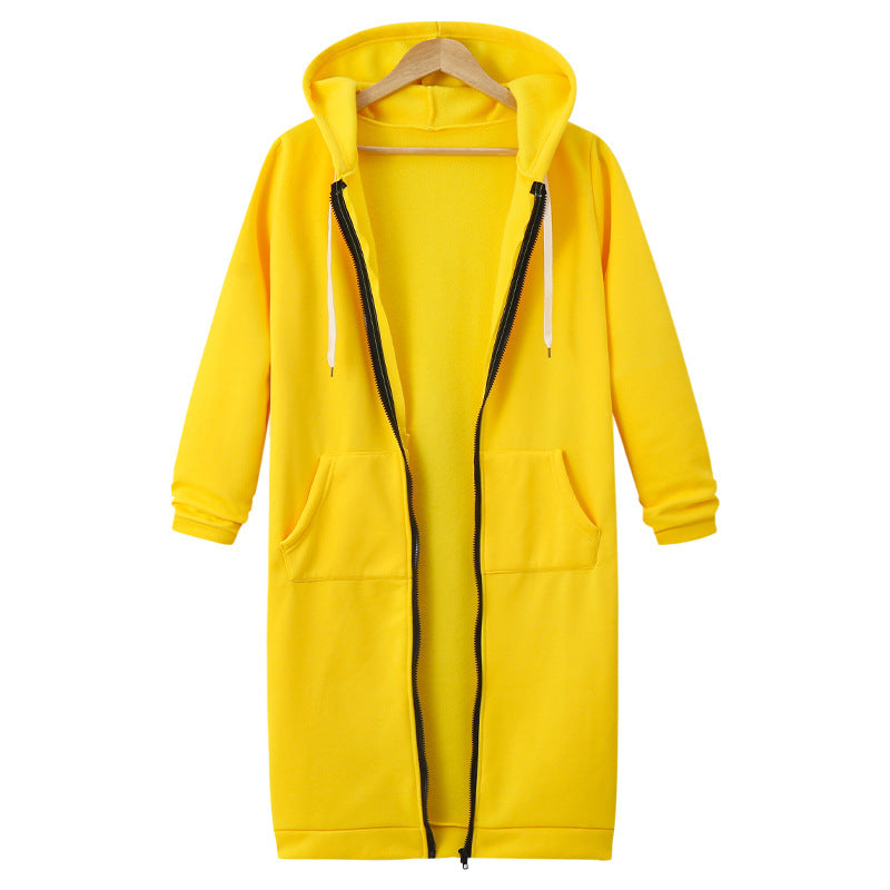 Hooded Long Sleeve Sweater Fleece Long Jacket Yellow