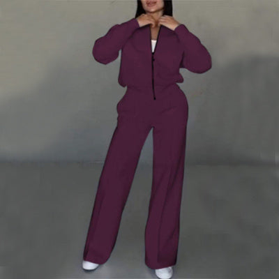 Women's Sports Suits Zipper Jacket And Wide Leg Pants Two-piece Set Purple