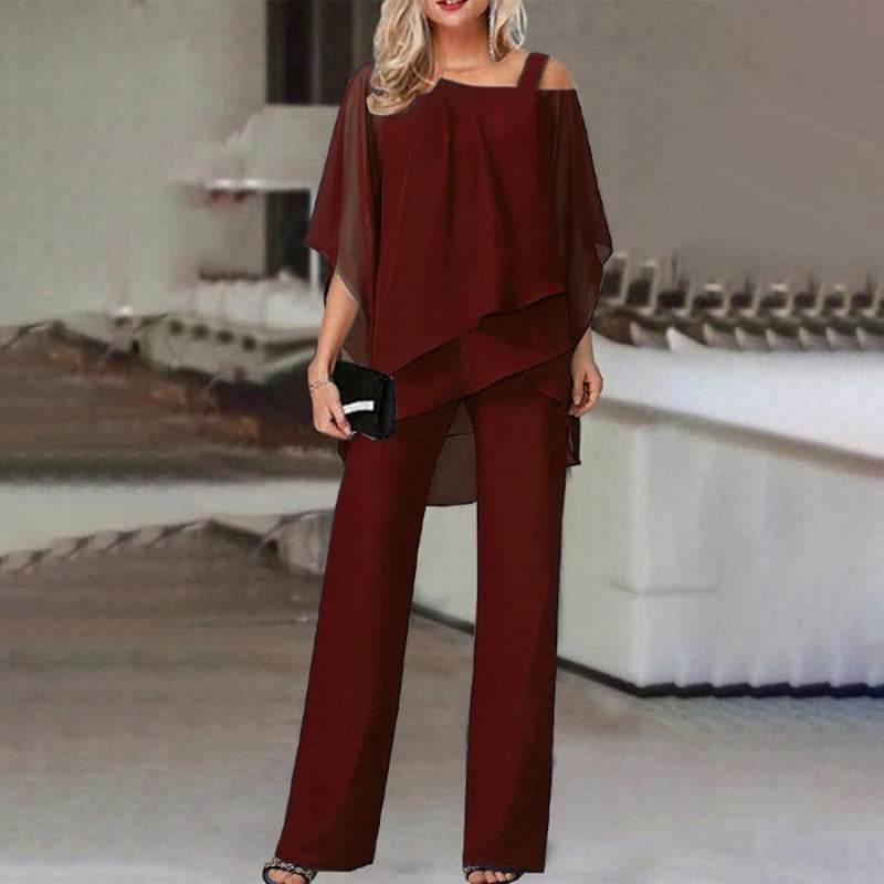 Solid Loose Irregular Suits Batwing Sleeve Top And Straight Trousers Outfits Womens Clothing Wine Red
