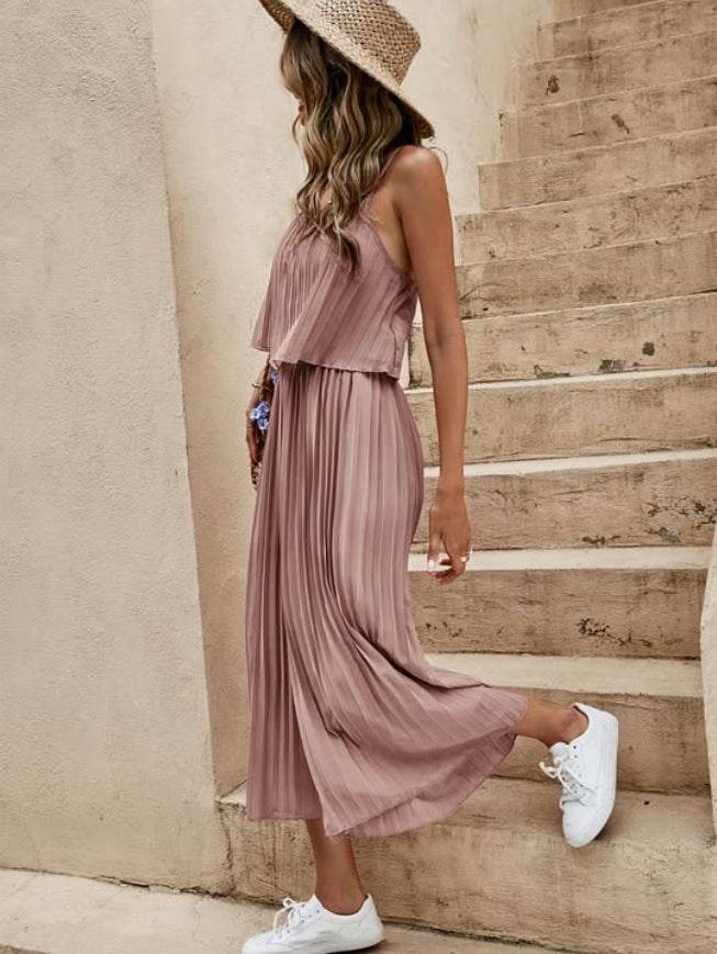 Women's Summer Solid Color Vacation Loose Suit Strap Backless Thin Romper Streetwear INS One-Piece Outfit Beach Style Striped Wide Leg Trousers Casual Suit Caramel Color