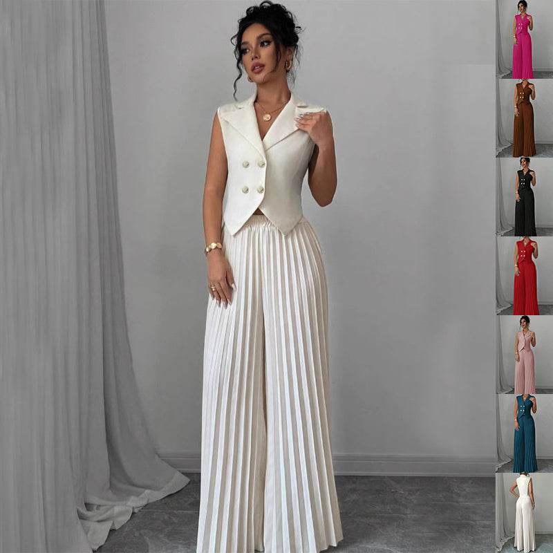 Summer Sleeveless Suit Fashion Lapel Button Vest Top And Pleated Straight Pants Women's Trousers Set Clothing