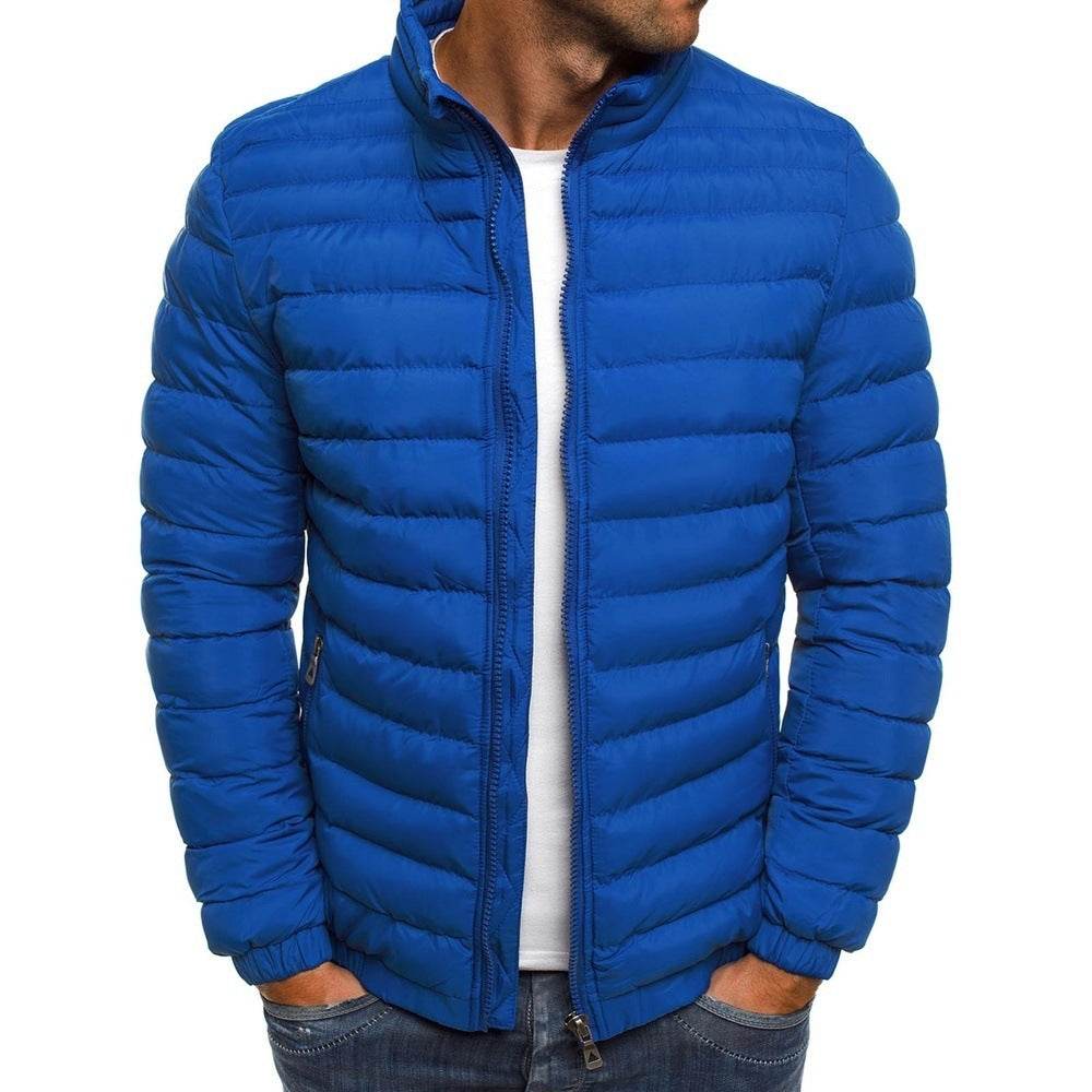 Men Jacket Zipper Solid Color Long Sleeves Pockets Coldproof Autumn Thicken Cotton Padded Overcoat For Outdoor Sapphire Blue