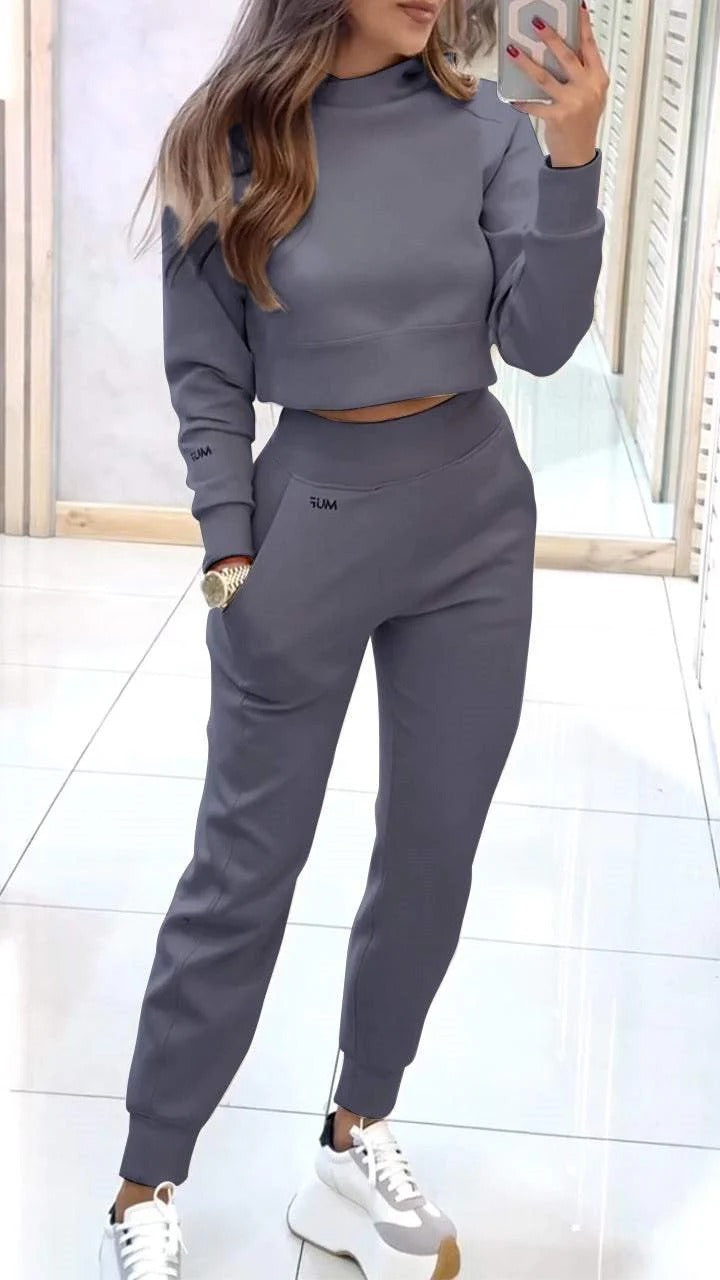 Stand Collar Sports Suit Fashion Pullover Long-sleeves Short Top And Slim Trousers With Pockets Solid Outfits Women's Clothing Dark Gray