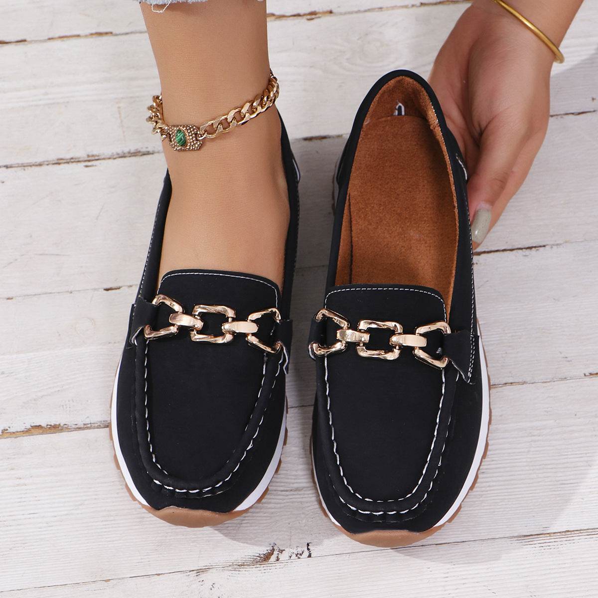 Oversized Shoes Female Metal Chain Flat Platform Casual Loafers