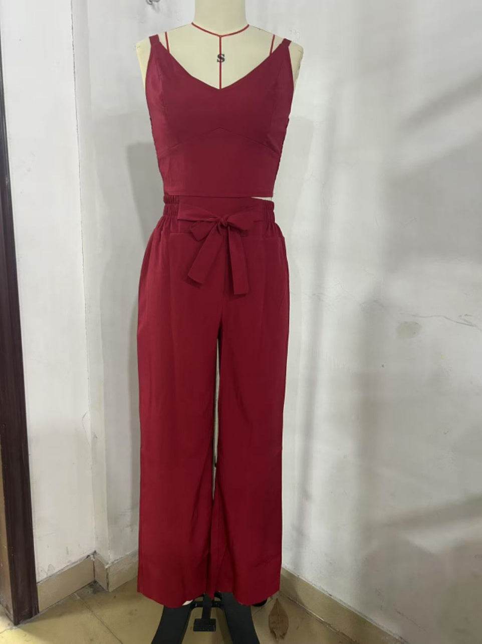 Women's Solid Color Slim Elastic Pleated Two-Piece Suit Sexy Spaghetti Strap V-neck Backless Vest High Waist Wide Leg Pants Suit Red