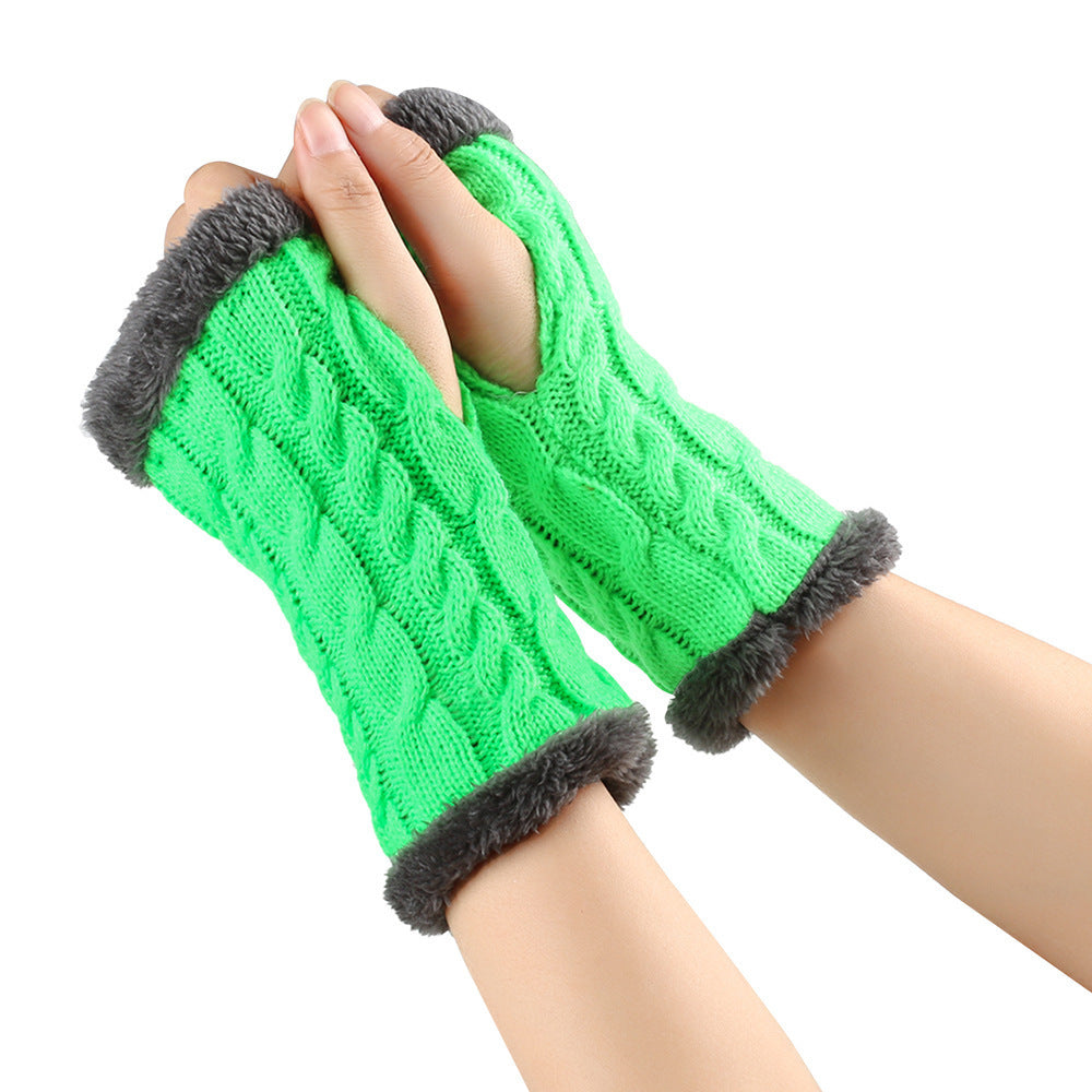 Winter Plush Gloves Twist Knitted Fingerless Fleece Gloves Women Warm Thickened Woolen Gloves Green One Size