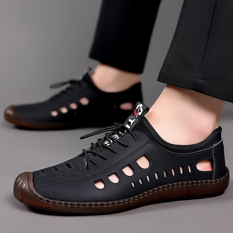 Men's Sandals Hollow Leather Soft Bottom Hole Shoes Black Jelly Bottom