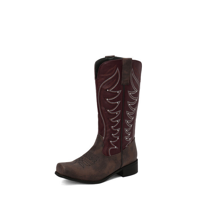 West Embroidered Denim Totem Square Toe Mid-heel High Leg Boot Wine Red