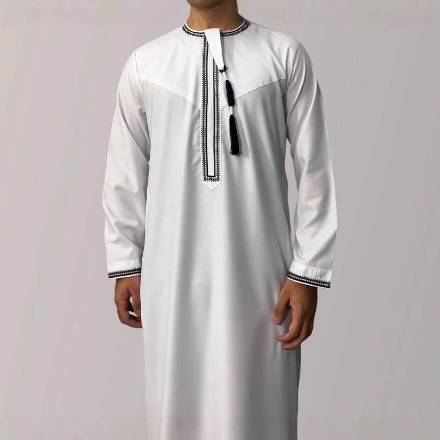 Solid Color Round Neck Embroidered Thick Tassel Oman Gowns Saudi Arabia Men