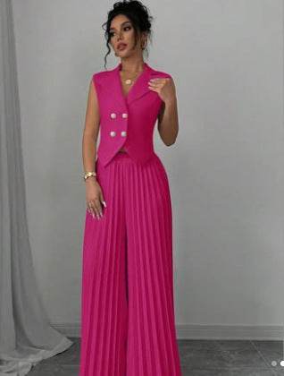 Summer Sleeveless Suit Fashion Lapel Button Vest Top And Pleated Straight Pants Women's Trousers Set Clothing Rose Red