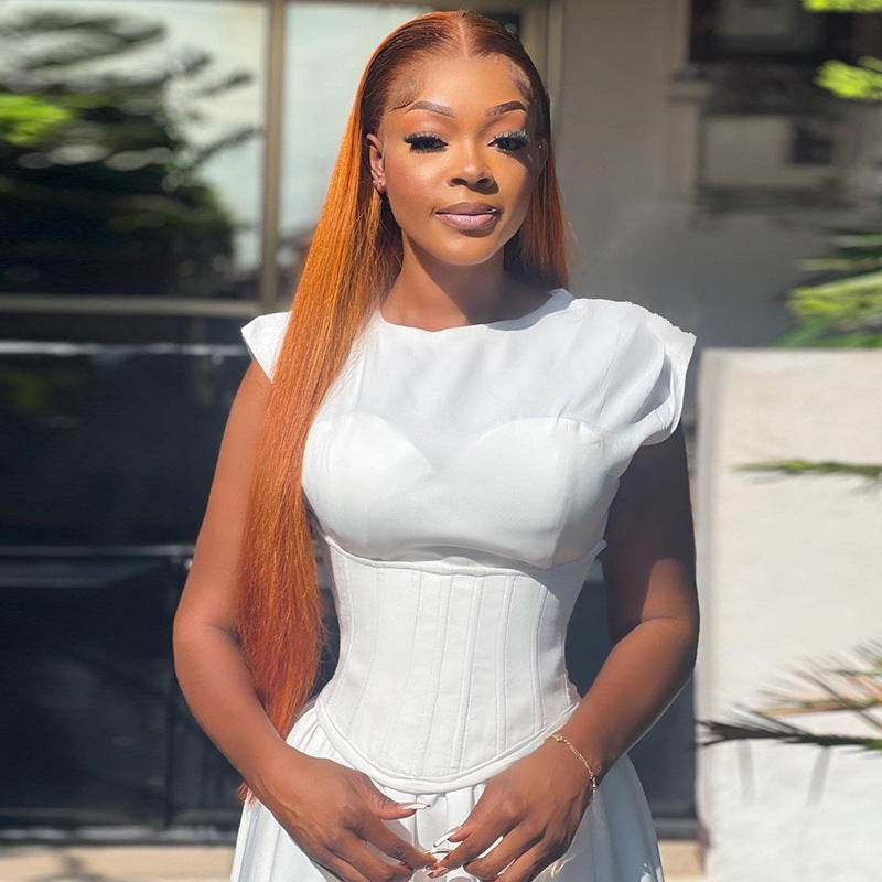 Round Neck Waist Cinched High Waist Fishbone A-line Skirt