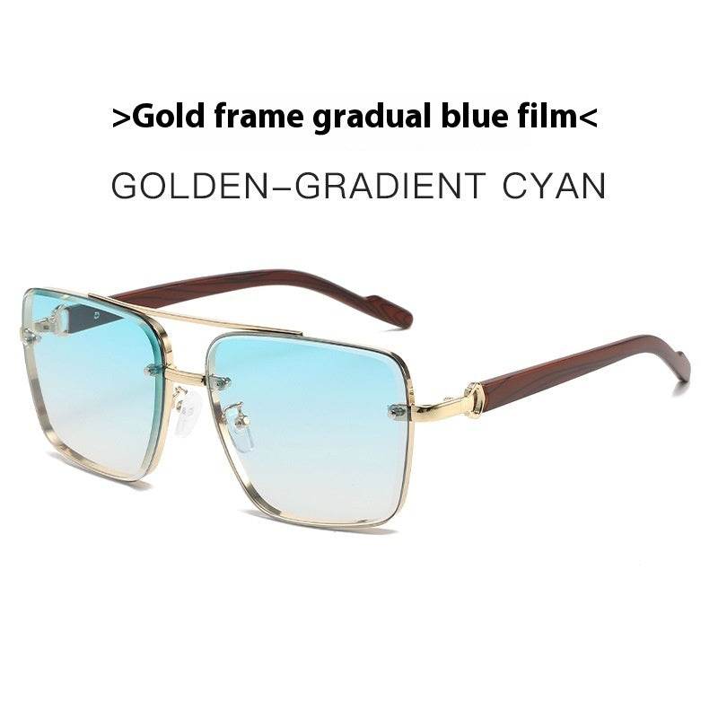 Metal Double Beam Frame Wood Grain Leg Sunglasses Gold Frame Gradient Green