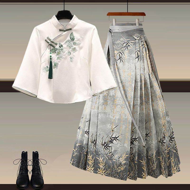 New Chinese Style Wear A Set Of Plus Size Hanfu Horse-face Skirt Two-piece Suit f Set
