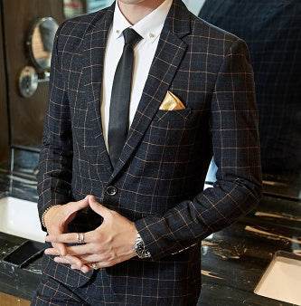 Men's Korean-style Business Suit Slim-fit Plaid Casual Wear Gray