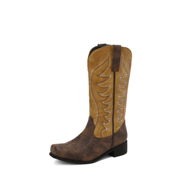 West Embroidered Denim Totem Square Toe Mid-heel High Leg Boot Yellow