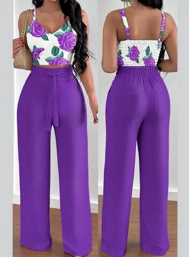 Women's Solid Color Slim Elastic Pleated Two-Piece Suit Sexy Spaghetti Strap V-neck Backless Vest High Waist Wide Leg Pants Suit Purple