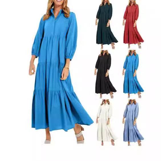 New Button Lapel Fashion Pullover High Waist Casual Dress Ladies